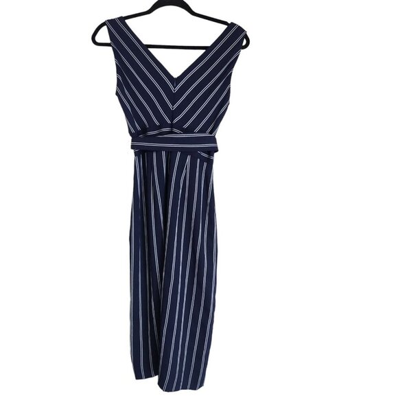 Antonio Melani Sleeveless Dress size 4 Navy Blue White Stripe Belted V Neck - Picture 3 of 12